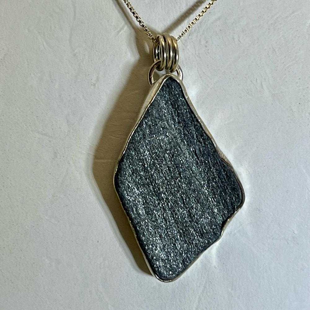 Gray and Sterling Silver Raw Beach Stone Necklace